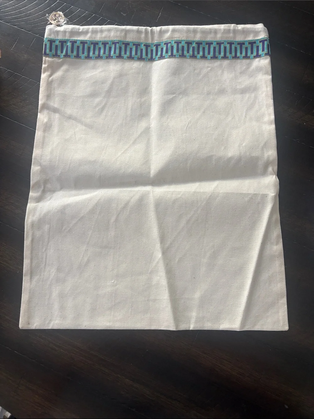 Tory Burch White Canvas Drawstring Dust Bag with Blue Geometric Trim